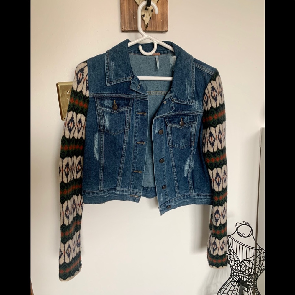 FREE PEOPLE Jean Jacket with Sweater Sleeves